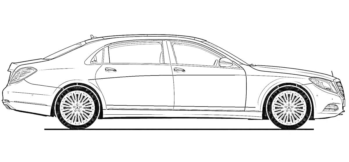 Раскраска Майбах, роскошный седан в профиль, с тонкими линиями и деталями кузова, детализация колес и окон.