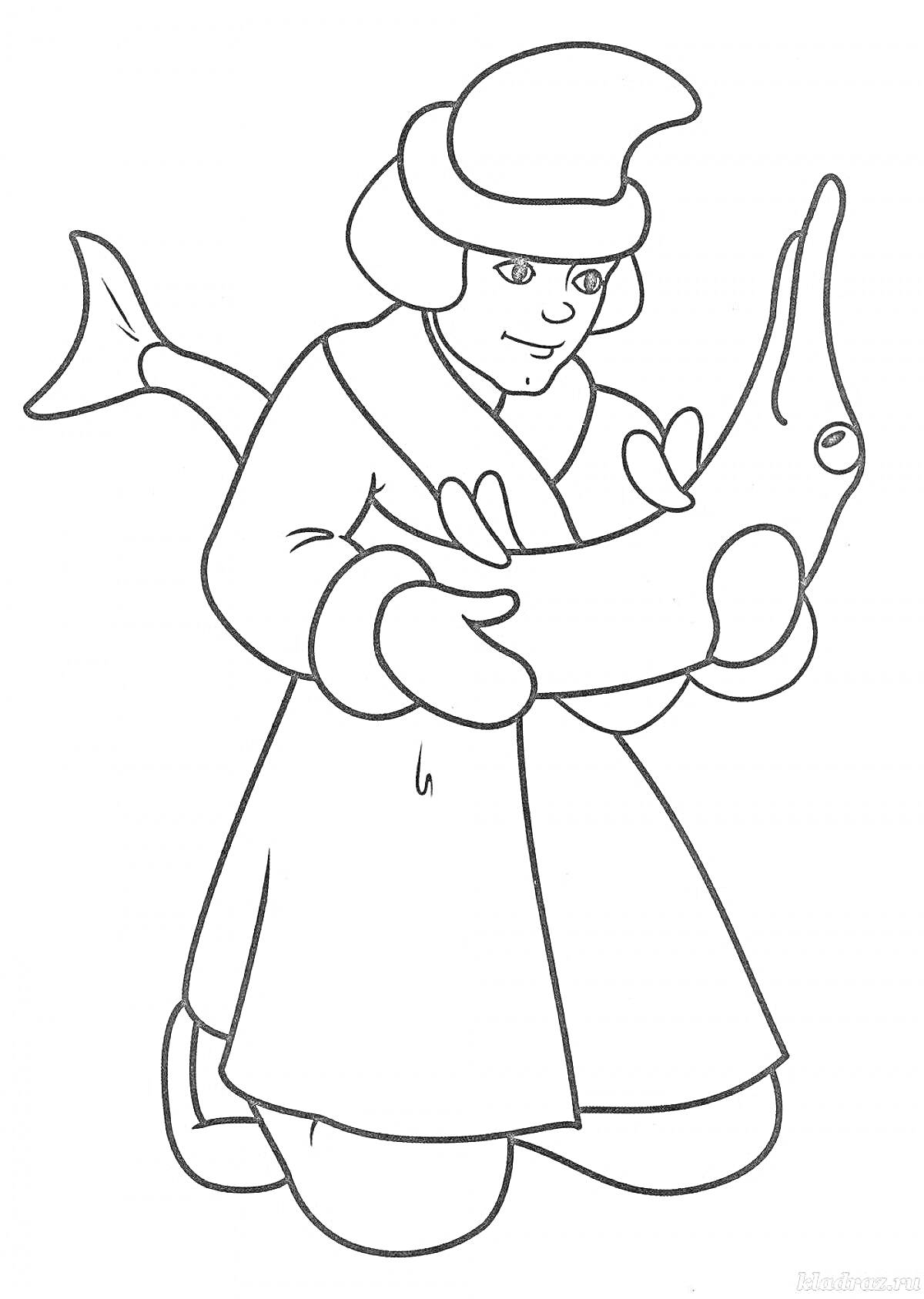 На раскраске изображено: По щучьему велению, Рыба, Щука, Зимняя одежда, Мальчик, Пальто, Меховая шапка