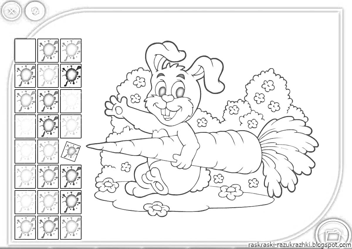 На раскраске изображено: Кролик, Сад, Цветы, Онлайн игра, Игра, Морковь, Разукрашка