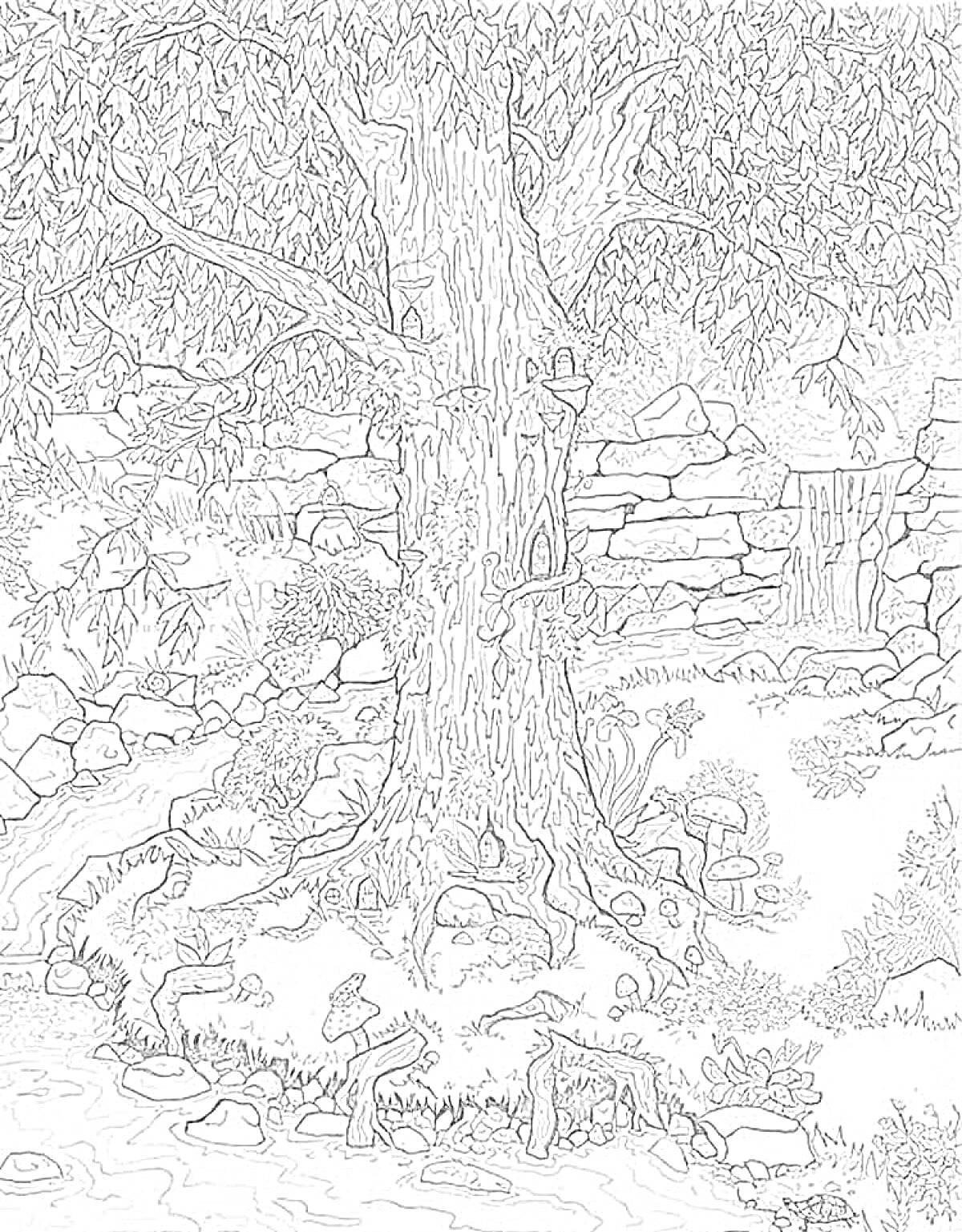 Раскраска Большое дерево, ландшафт с ручьем, каменный забор, водопад, кусты, грибы и змеи