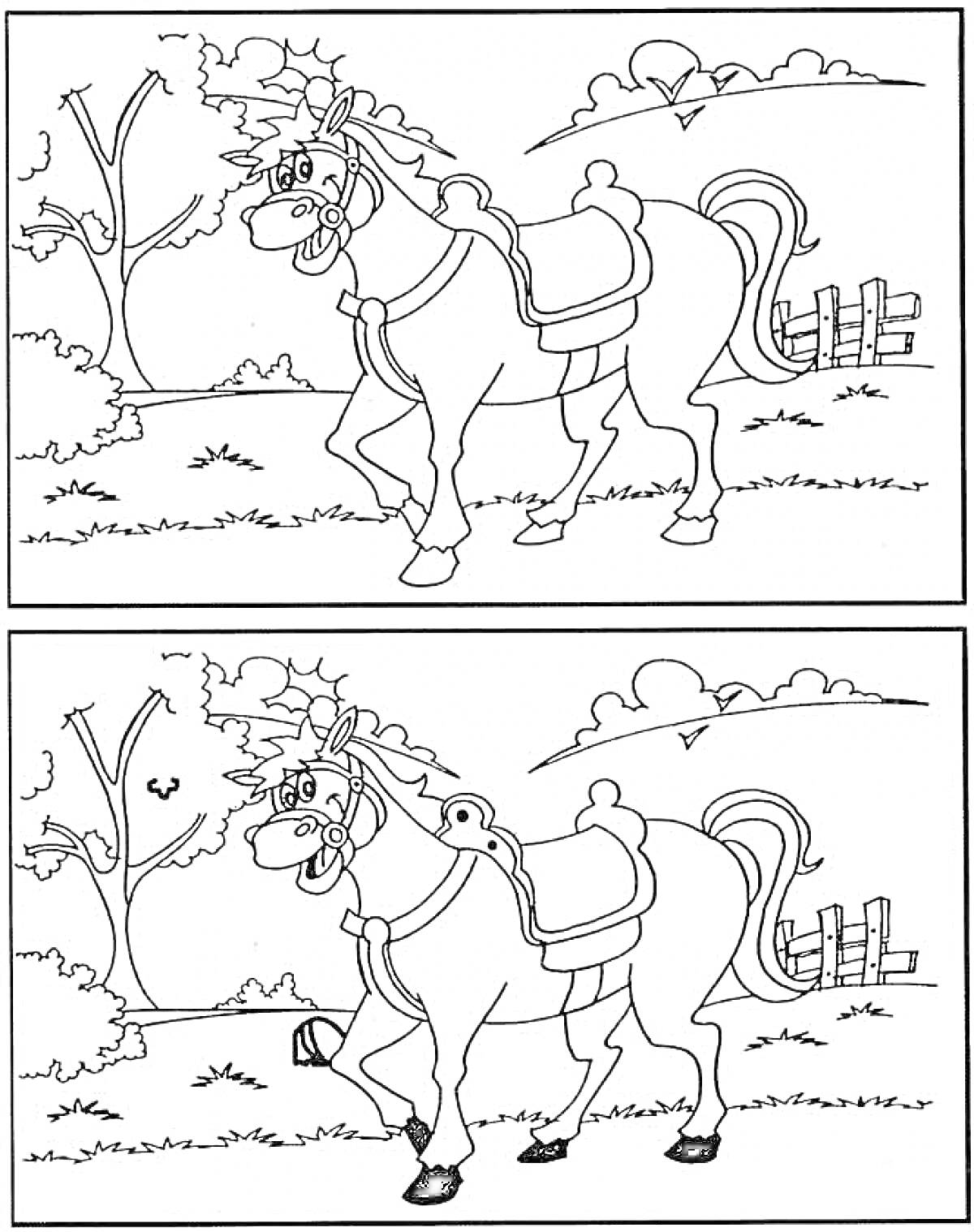 Раскраска Найди отличия - Лошадь на прогулке по лугу с деревом, птицей, забором и кустами