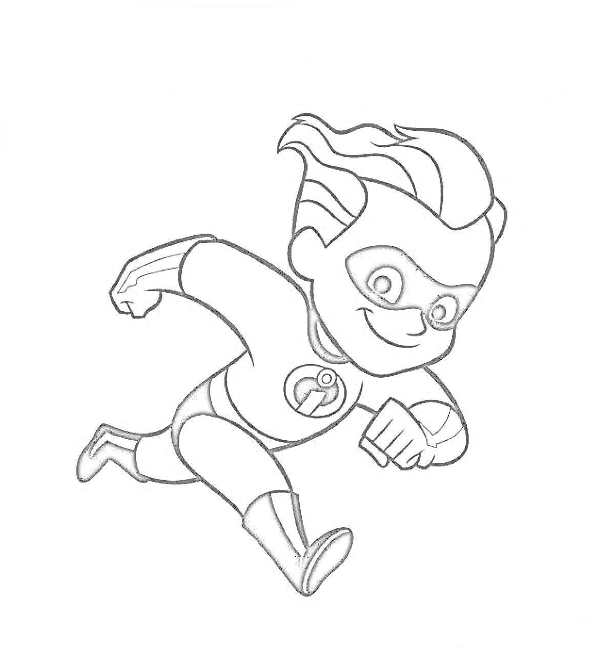 Раскраска Персонаж из Суперсемейки, мальчик в маске и костюме супергероя, в прыжке