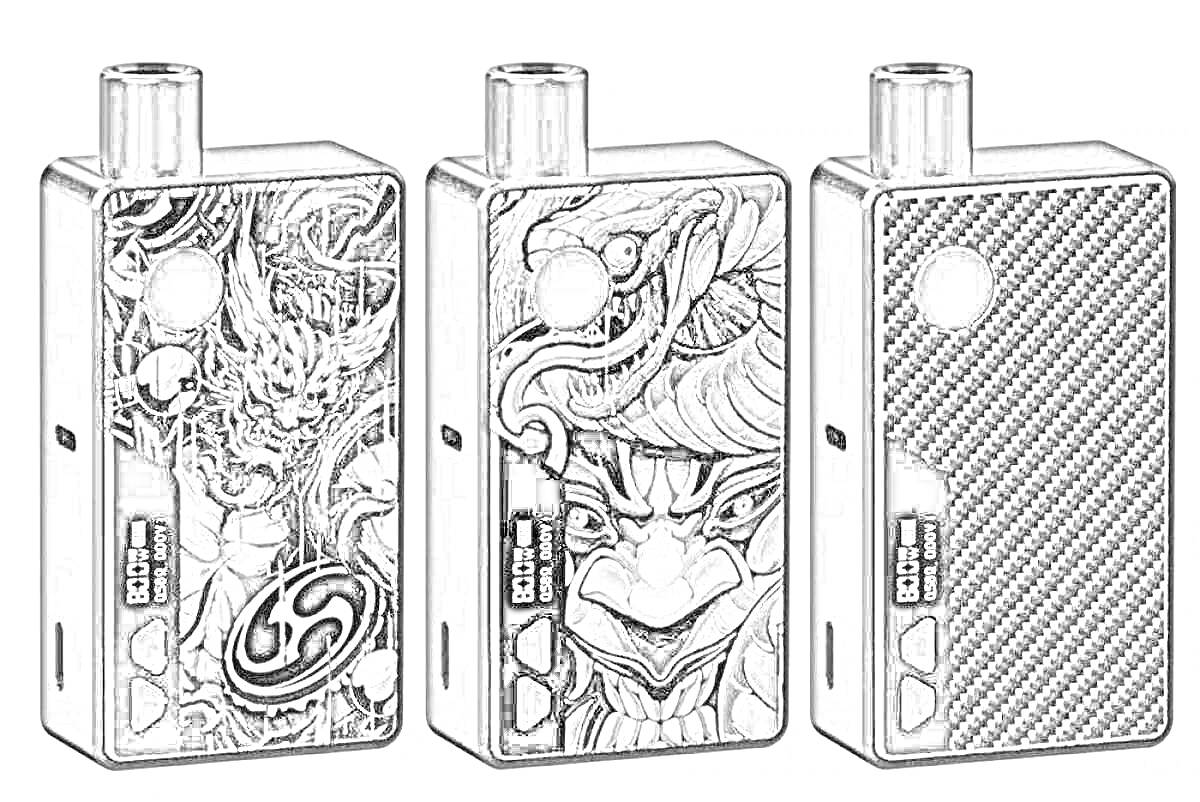 Раскраска Три устройства Manto Aio Plus с различными рисунками и текстурой - одно с изображением дракона, другое с лицом, третье с узором из углеродного волокна