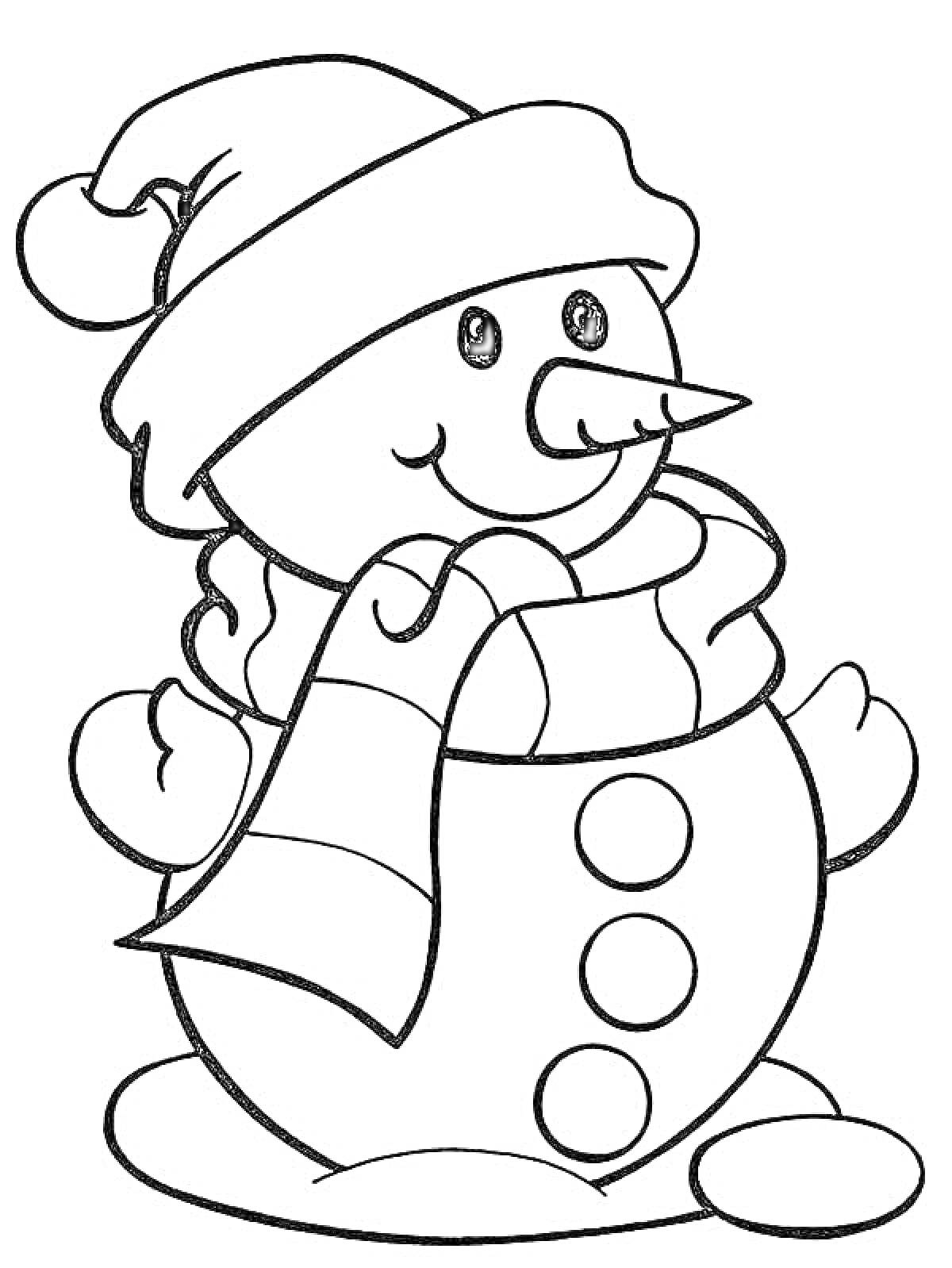 Раскраска Снеговик в шапке и шарфе с тремя пуговицами