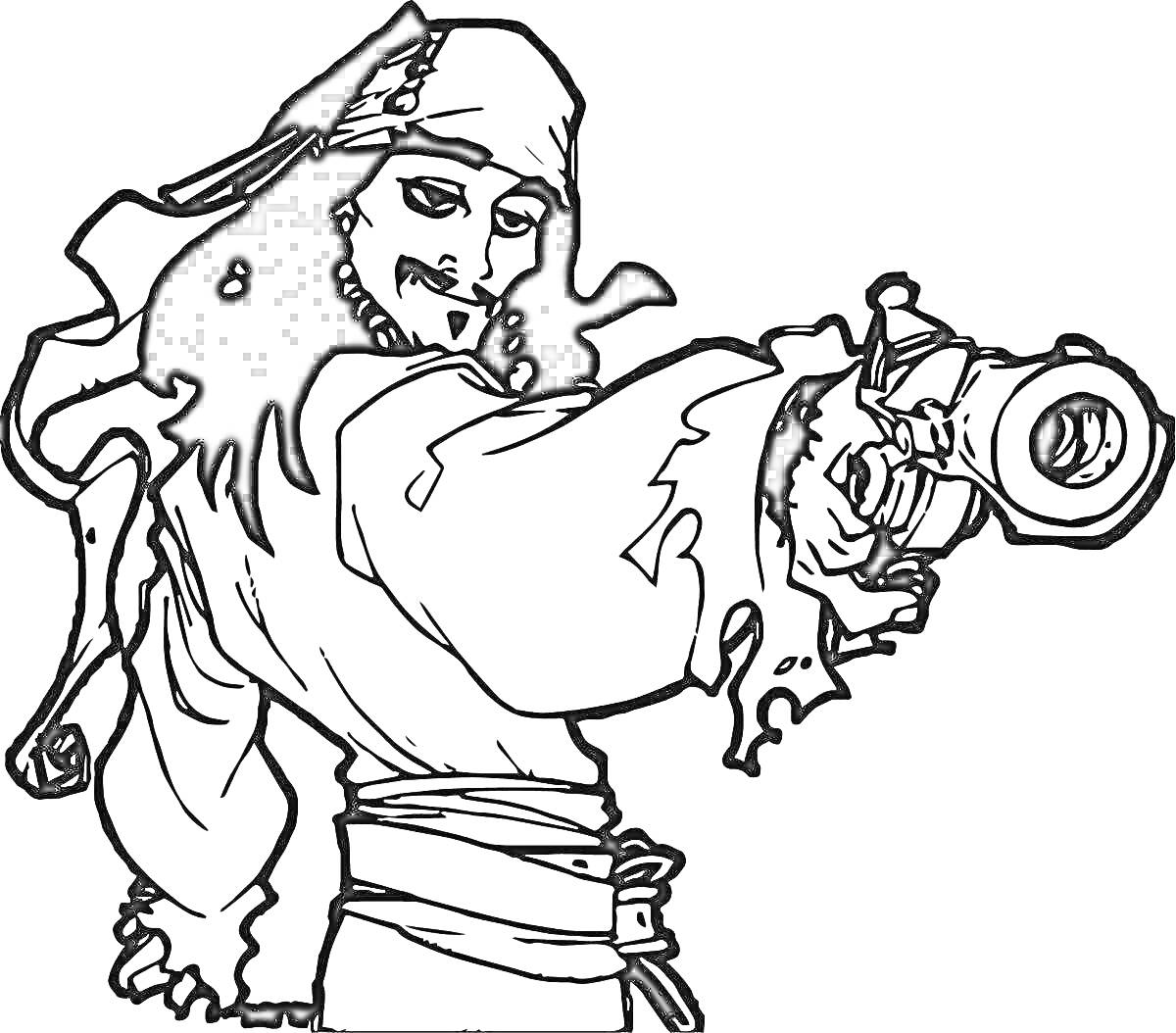Раскраска Пират с пистолетом и повязкой на голове.