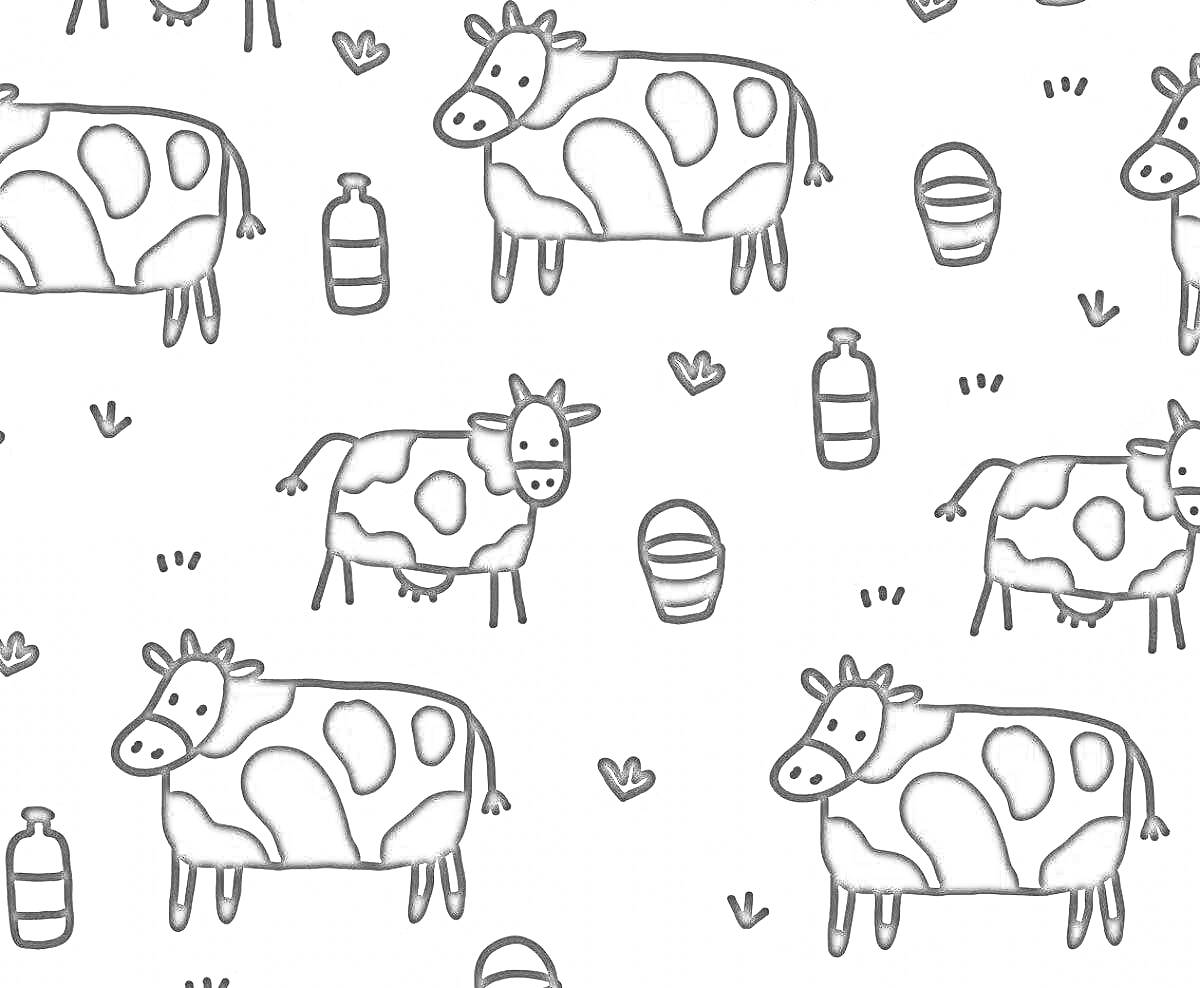 Раскраска коровы, бутылки, ведра, и травинки на белом фоне