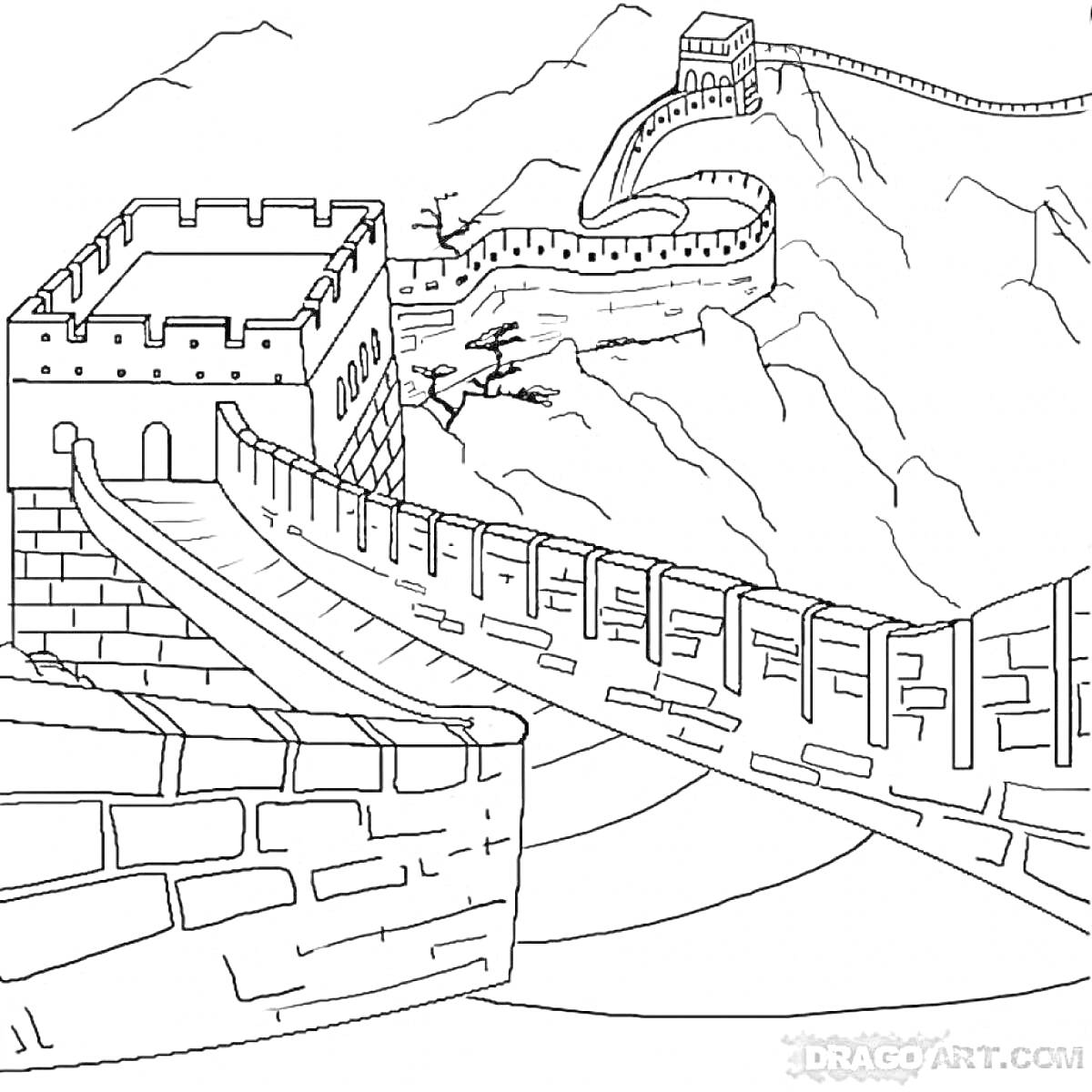 Раскраска Великая Китайская стена с башнями на холмистом фоне