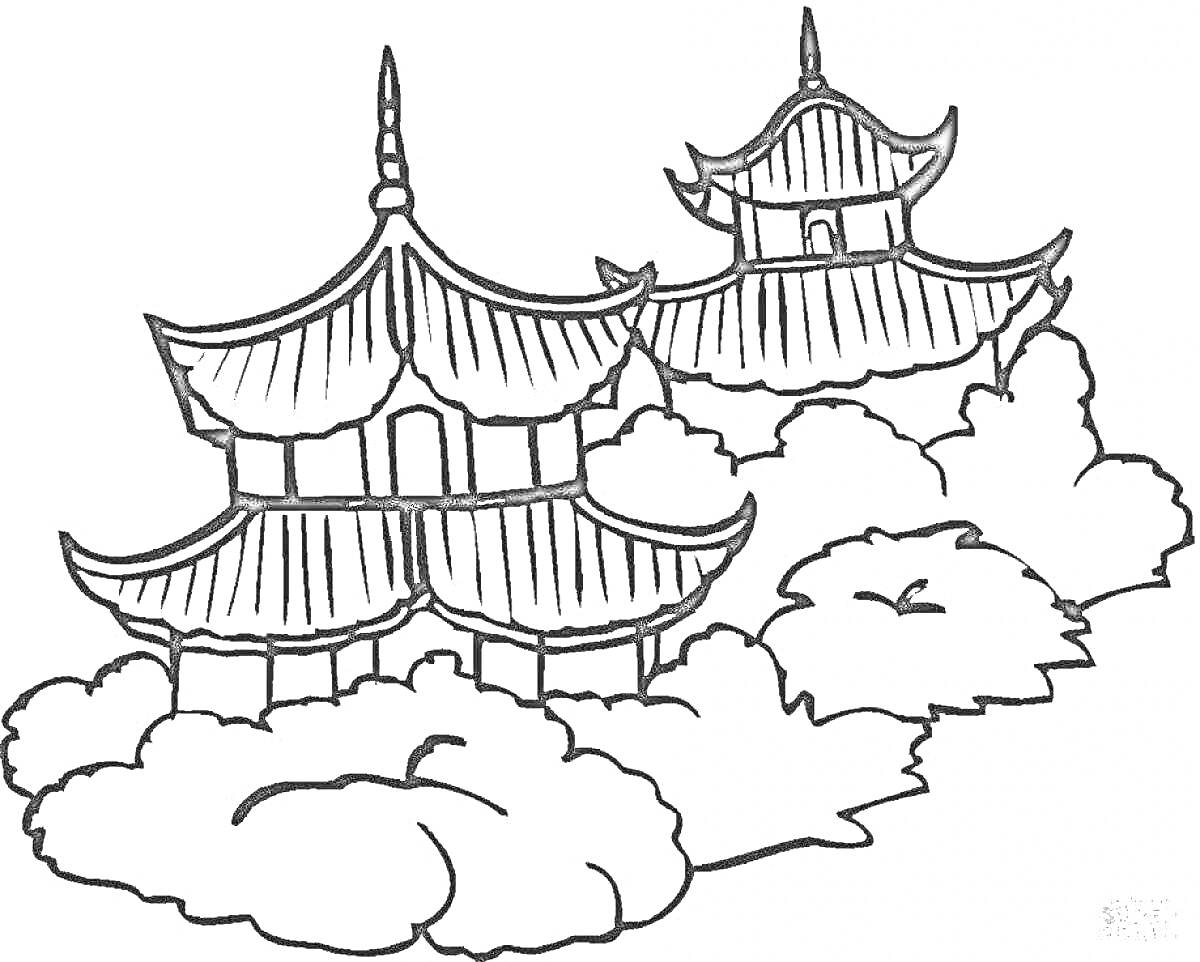 На раскраске изображено: Китай, Архитектура, Облака, Кусты, Восток, Культура