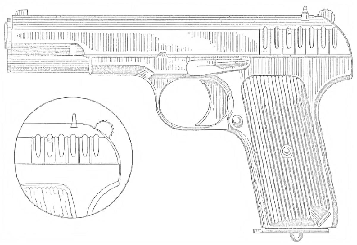 На раскраске изображено: Пистолет, Оружие, Затвор, Ручка, Спусковой крючок, Линии, Контурные рисунки
