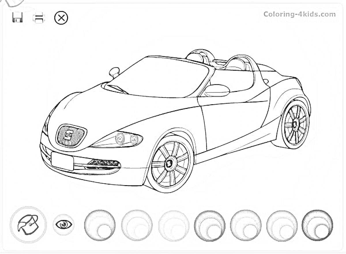 Раскраска Раскраска с изображением спортивного автомобиля и палитрой цветов для раскрашивания