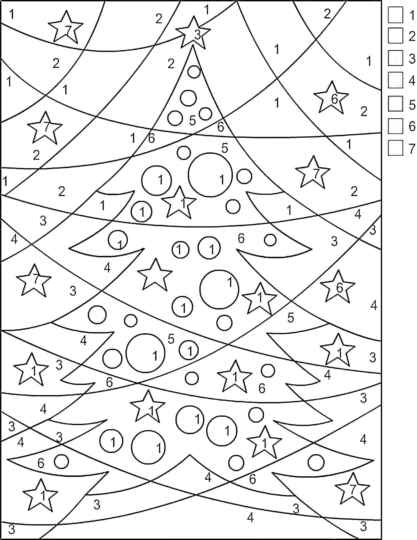 Раскраска елка с шарами и звездами на фоне, раскраска по номерам