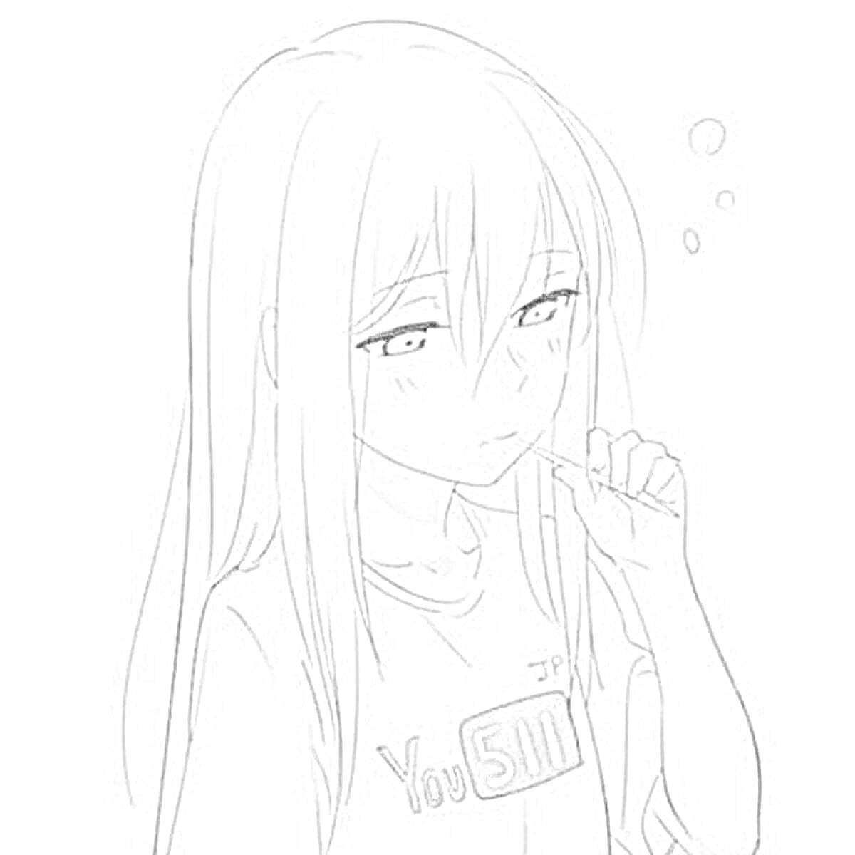 Раскраска Аниме девочка с длинными волосами в футболке с надписью 