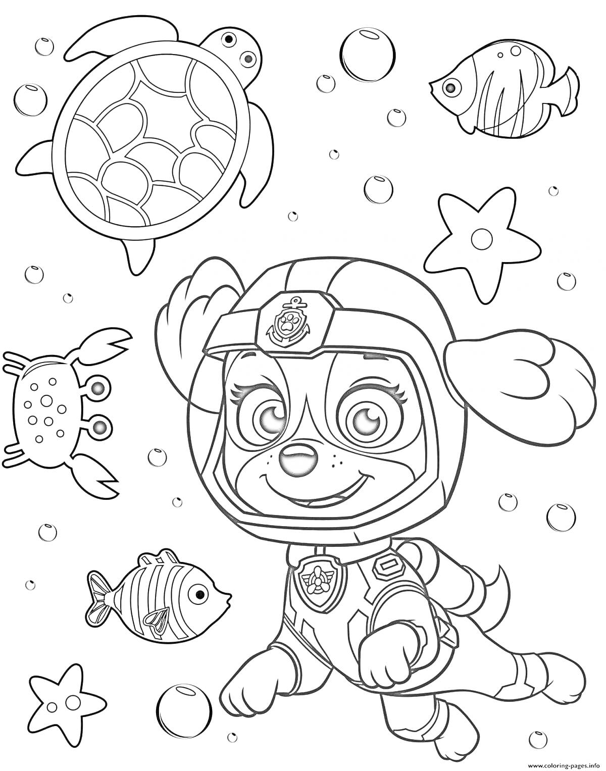 Раскраска Щенячий патруль, щенок скафандр, подводные пузырьки, черепаха, краб, морские звезды и рыбки