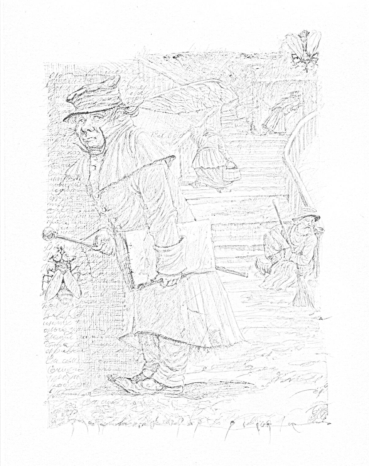 На раскраске изображено: Гоголь, Шинель, Человек, Книга, Лестница, Лодка, Муха
