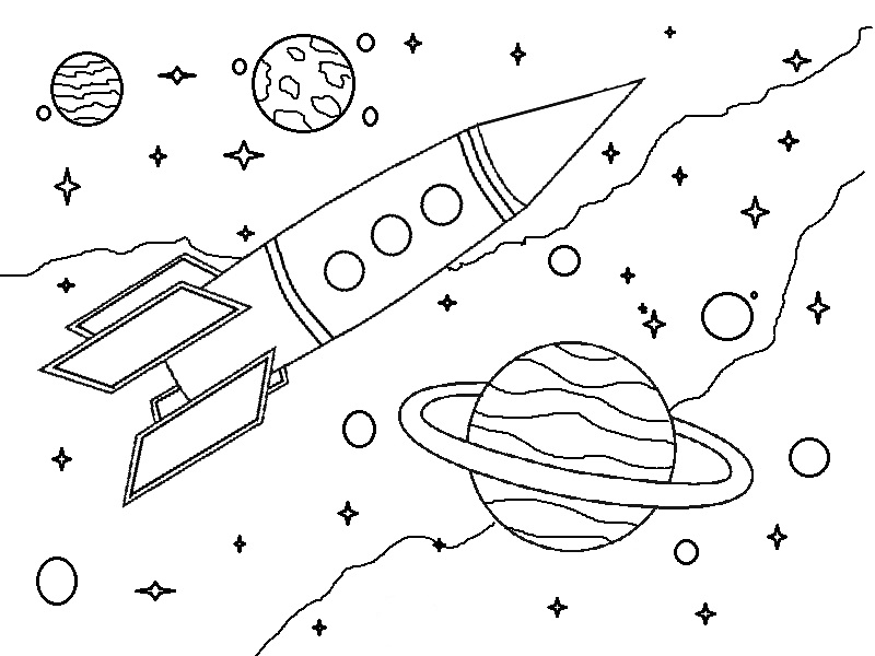 На раскраске изображено: Ракета, Космос, Планеты, Звезды, Линии