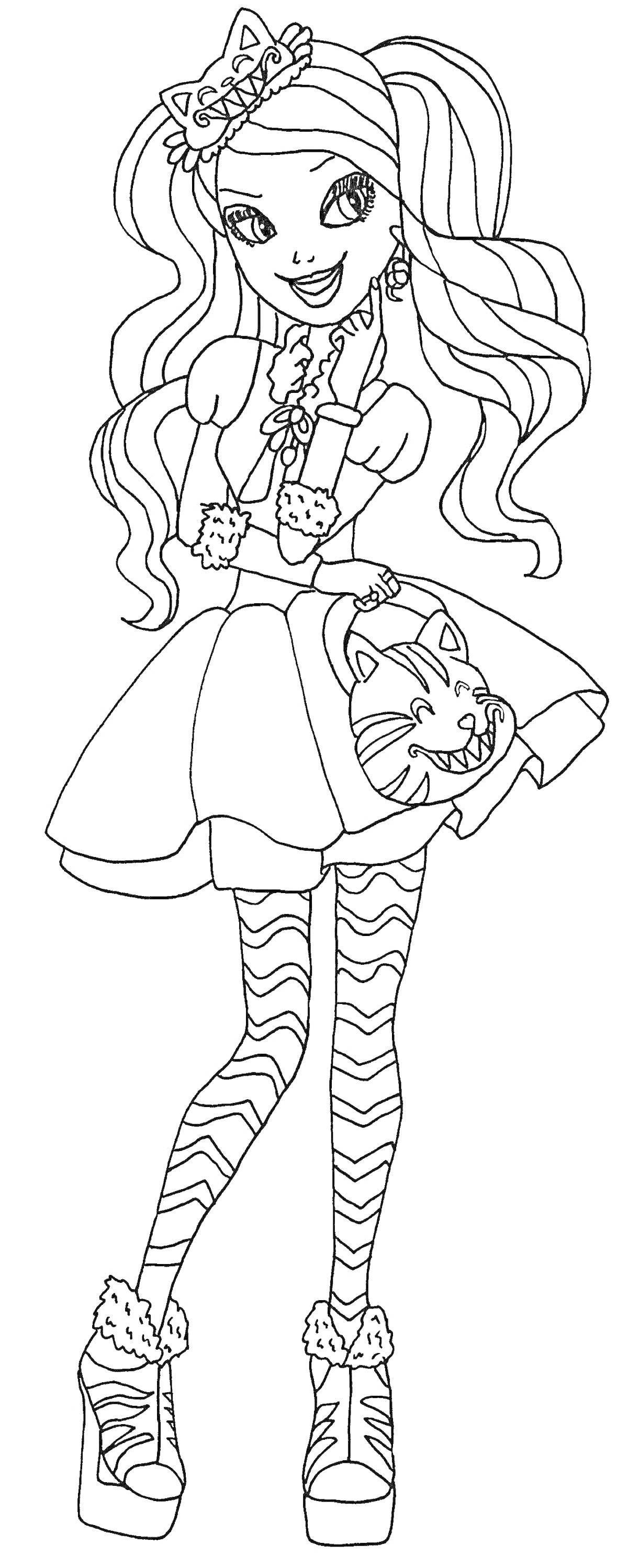 Девушка из Эвер Афтер Хай с кошачьими ушками, волнистыми волосами, в платье с изображением кошки и полосатыми леггинсами, на высоких ботинках с пушистыми манжетами