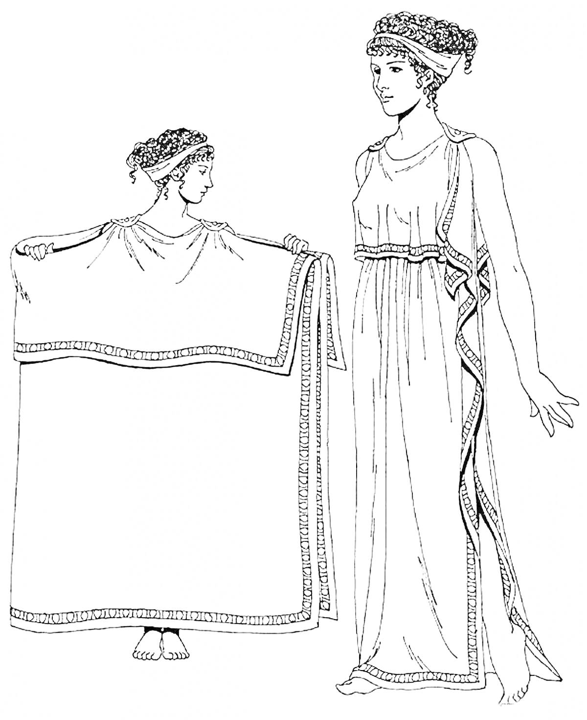 На раскраске изображено: Древняя Греция, Женщина, Платье, Головная повязка, Традиционная одежда, Античность, Одежда