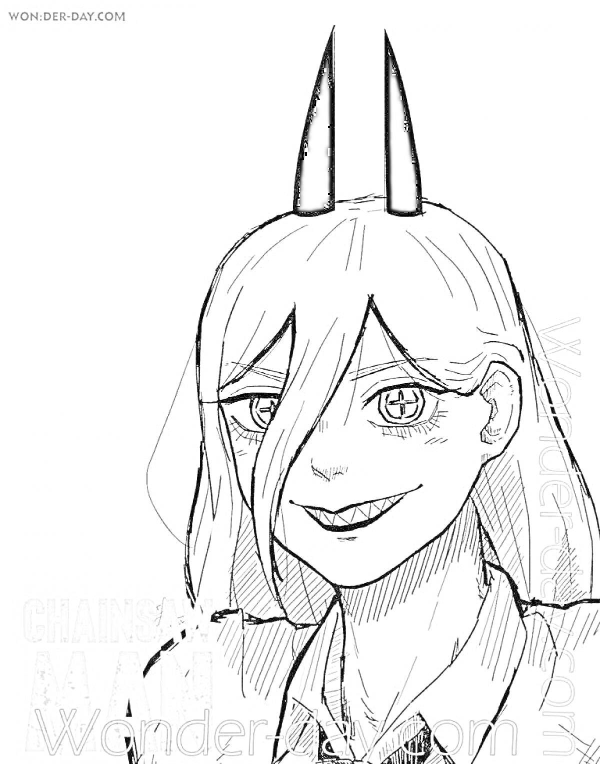 Раскраска Человек бензопила аниме - Девушка с рогами улыбается