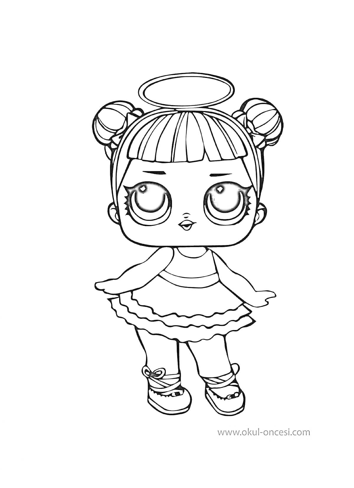 Раскраска Девочка-кукла ЛОЛ с двойным пучком на голове, в платье с рюшами и кроссовках