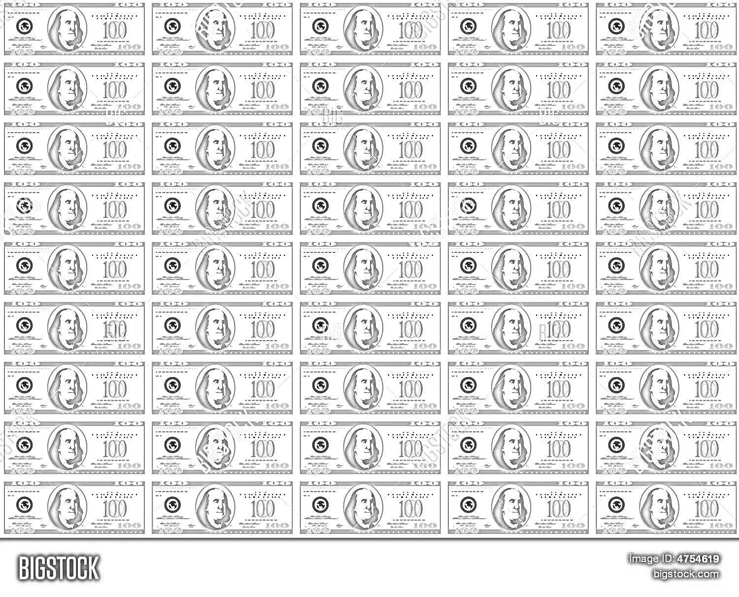 Раскраска Лист мини денежных купюр с изображением Бенджамина Франклина, надписями и цифрами номинала 100 долларов США