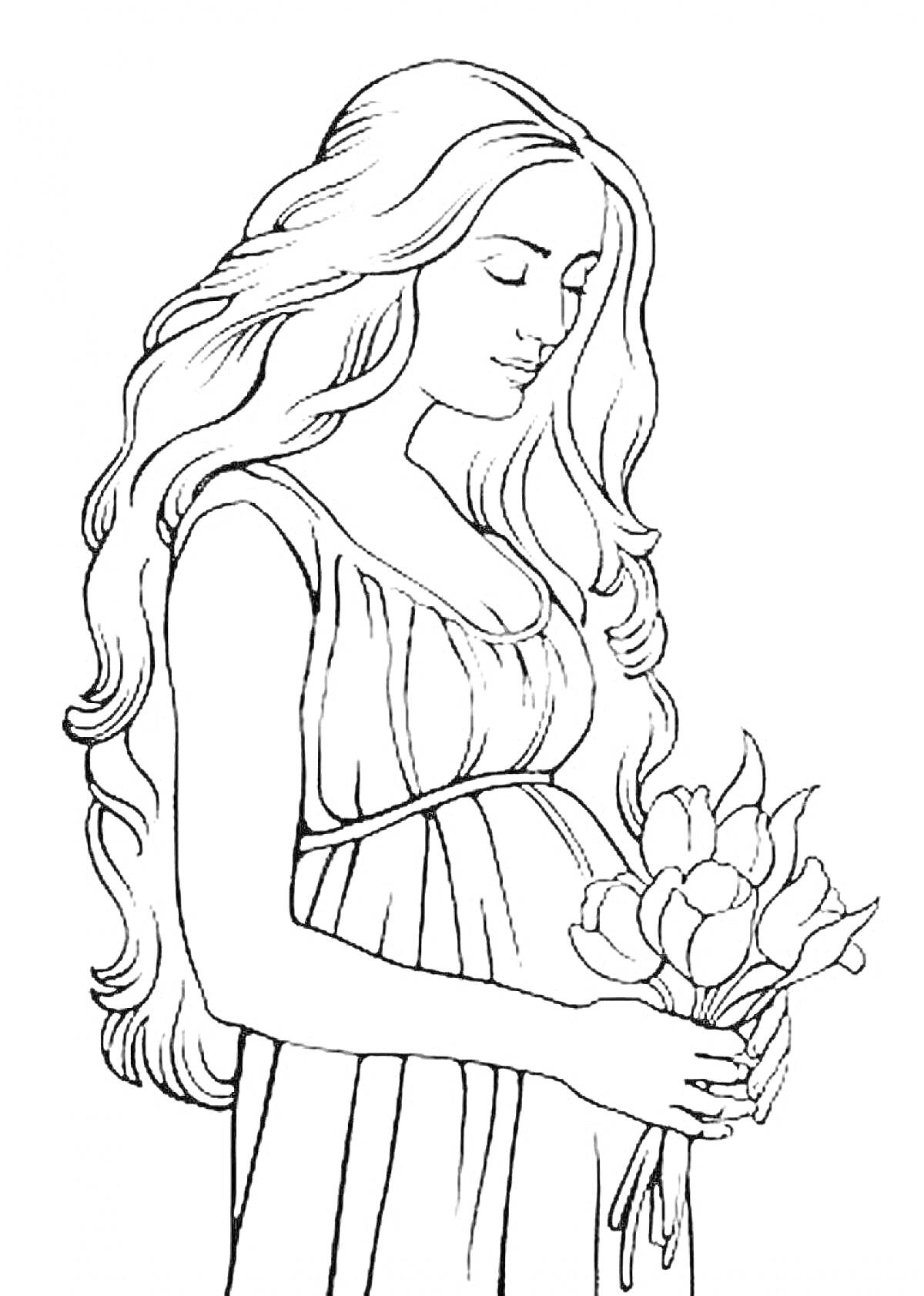 На раскраске изображено: Длинные волосы, Букет цветов, Платье, Ожидание, Счастье, Беременность