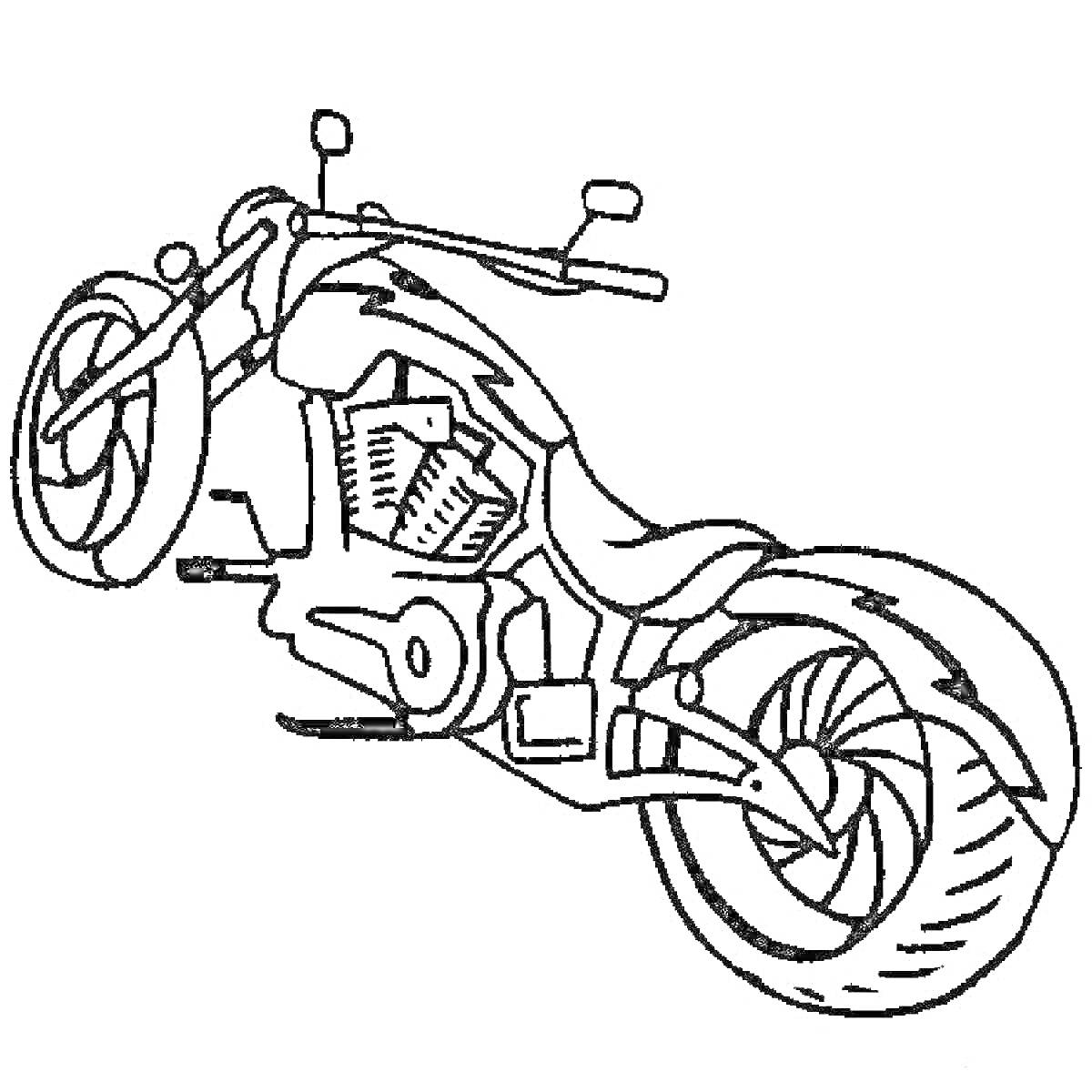 Раскраска Раскраска гоночного мотоцикла с зеркалами, фарами, двигателем, колёсами и выхлопной трубой