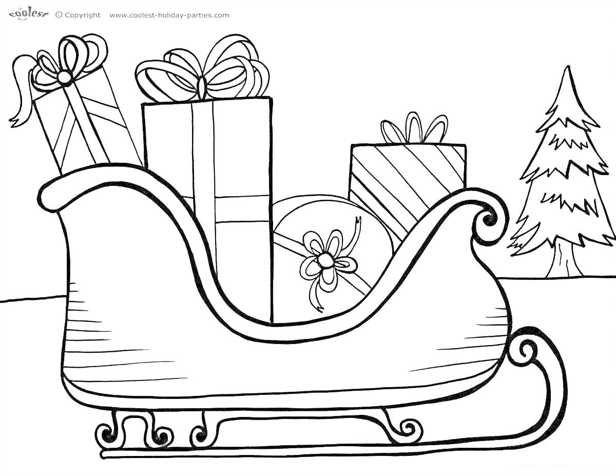 Раскраска Санки с подарками под новогодней ёлкой