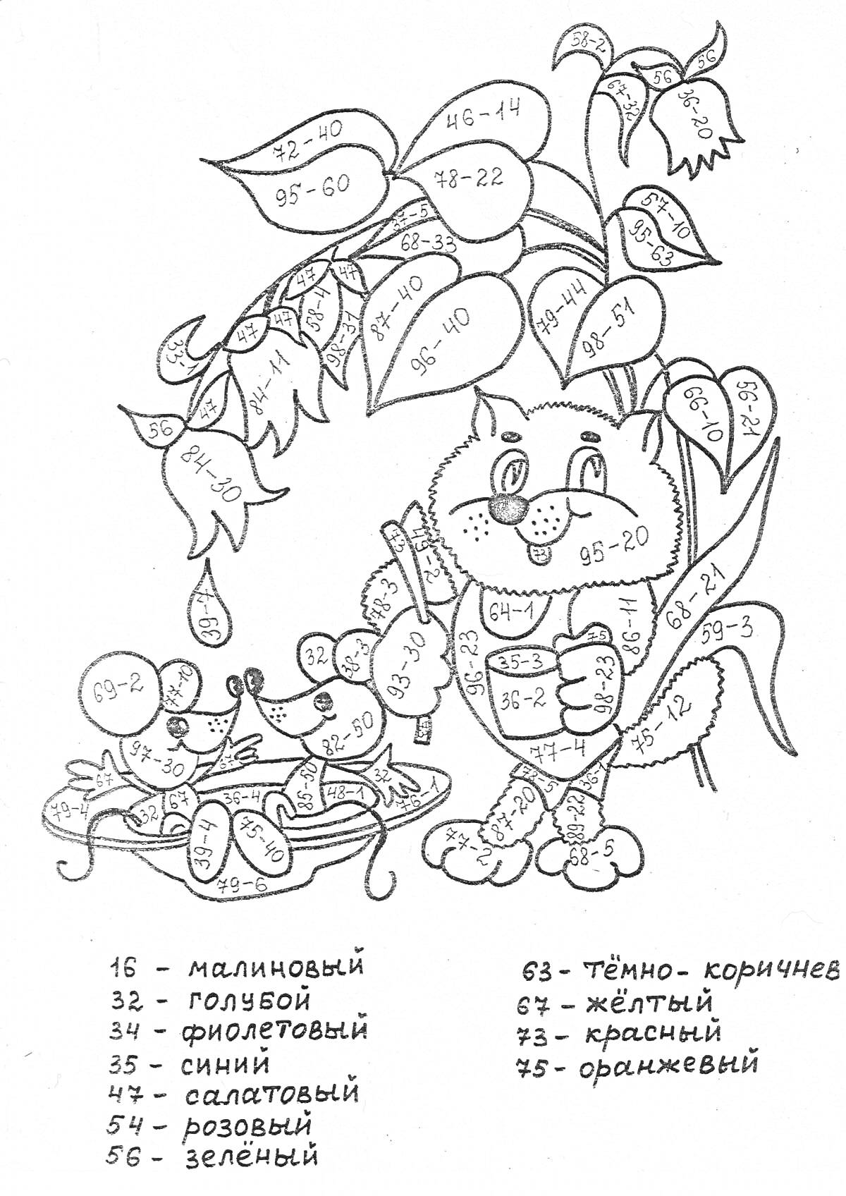 Раскраска Кот и мыши под растением, математическая раскраска
