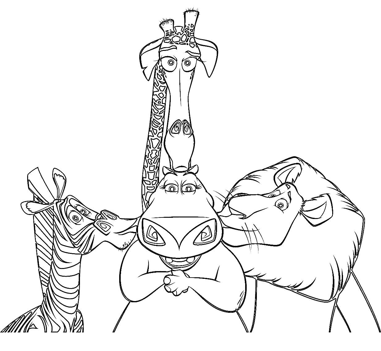 Раскраска четыре животных — зебра, жираф, бегемот и лев
