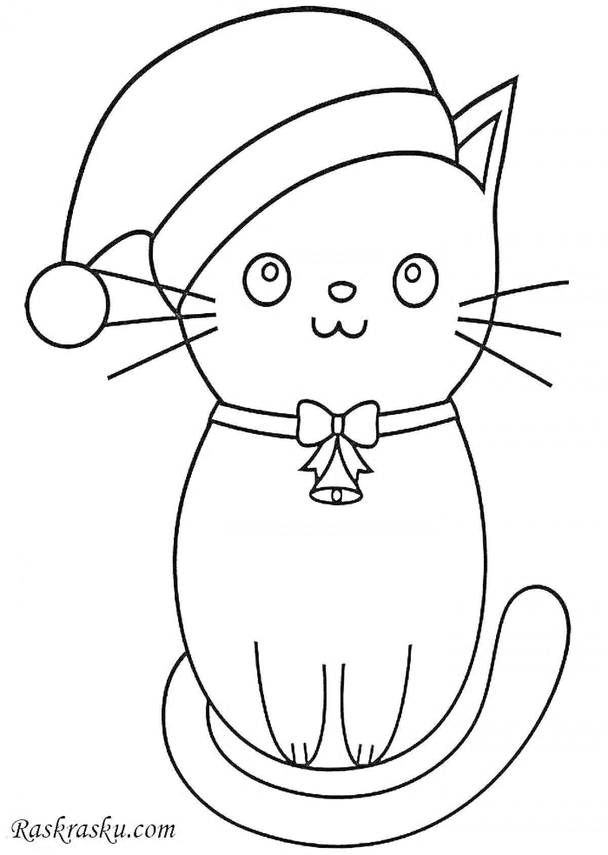 Раскраска Кот с новогодней шапкой, бантом и колокольчиком