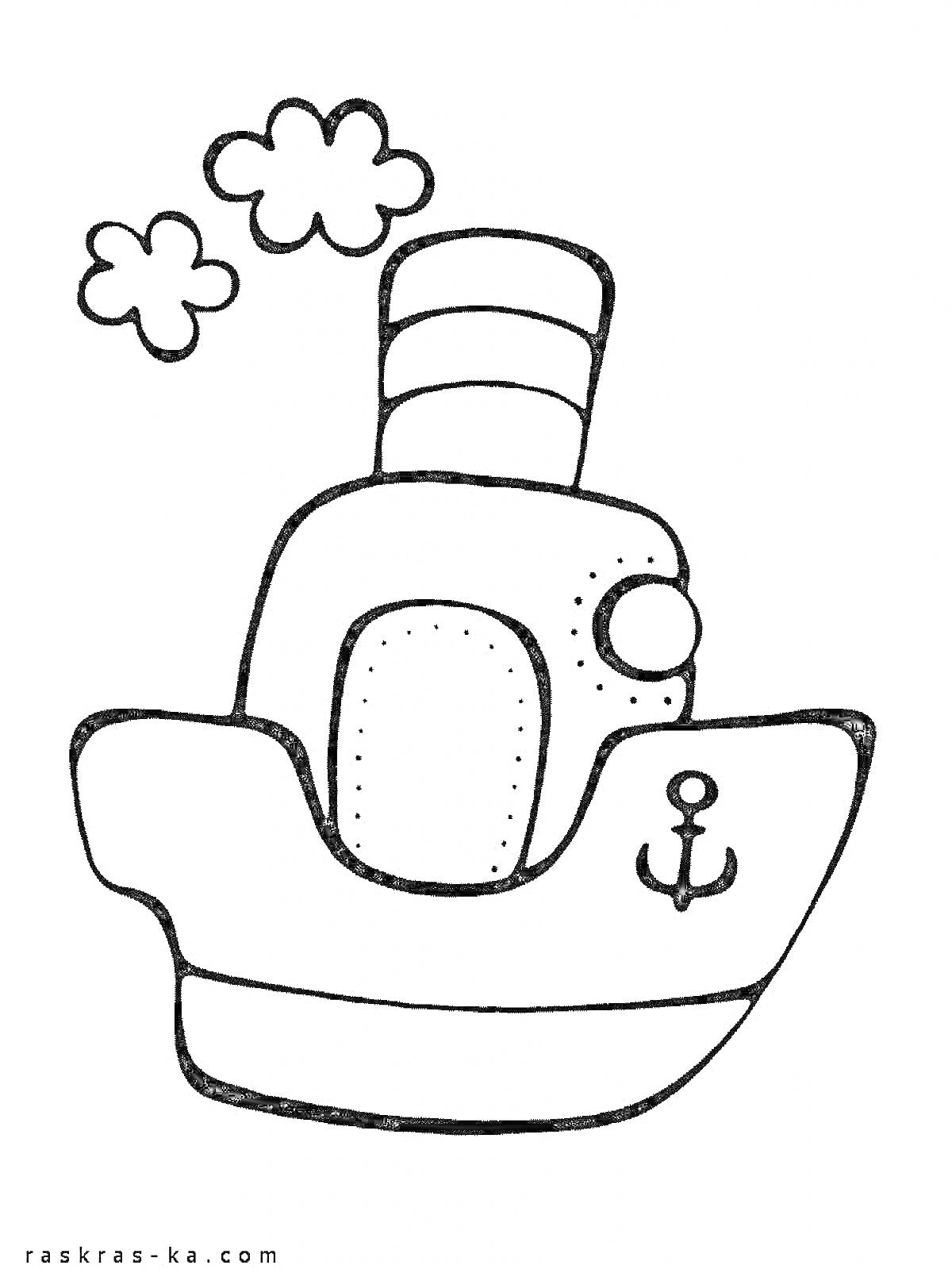 На раскраске изображено: Пароход, Дым, Море, Корабль, Транспорт