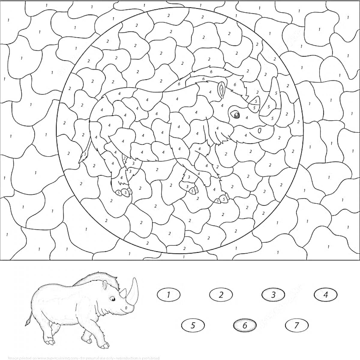 Раскраска Раскраска по номерам носорога в круге
