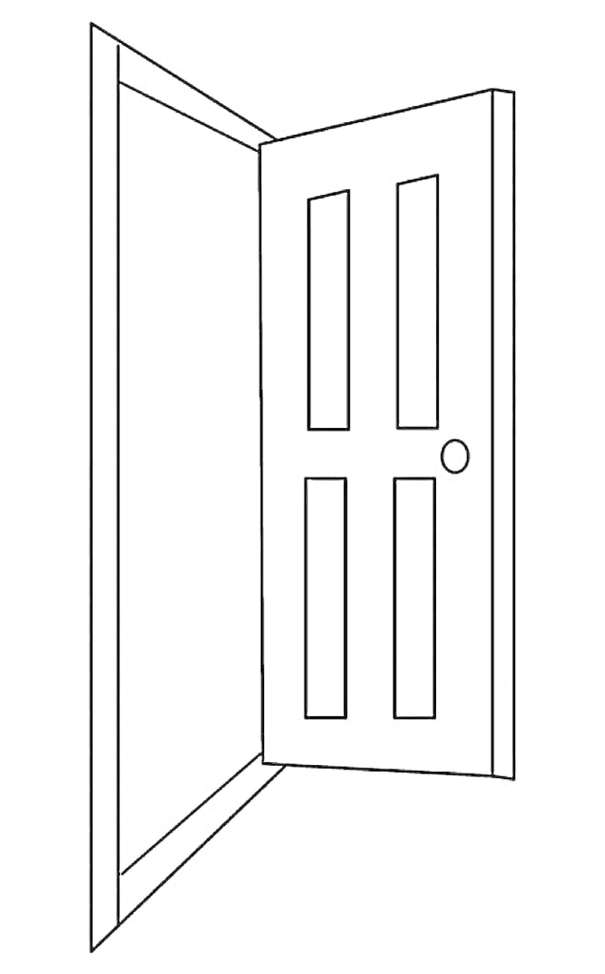 На раскраске изображено: Дверь, Рама, Ручка, Открытая дверь, Дорс