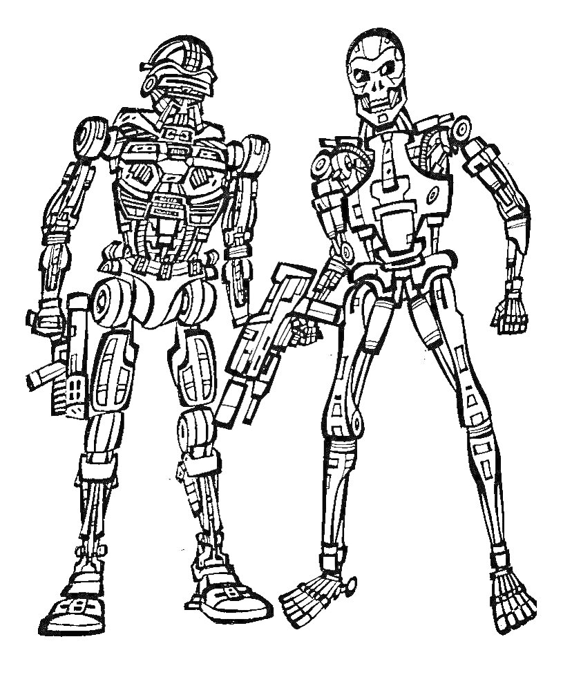 На раскраске изображено: Терминатор, Оружие, Фантастика, Будущее, Киборг, Механика, Робот