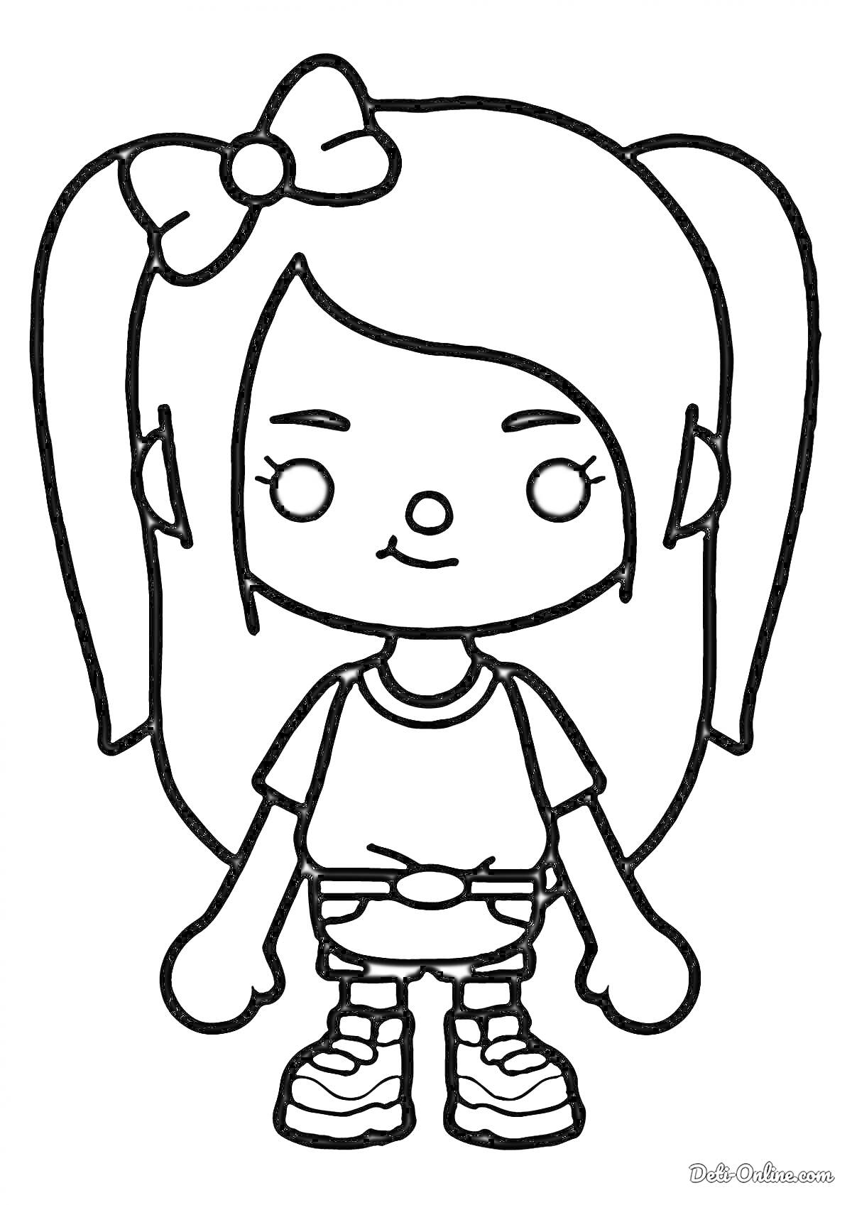 Раскраска Девочка с длинными волосами, большим бантом, короткими рукавами и кроссовками