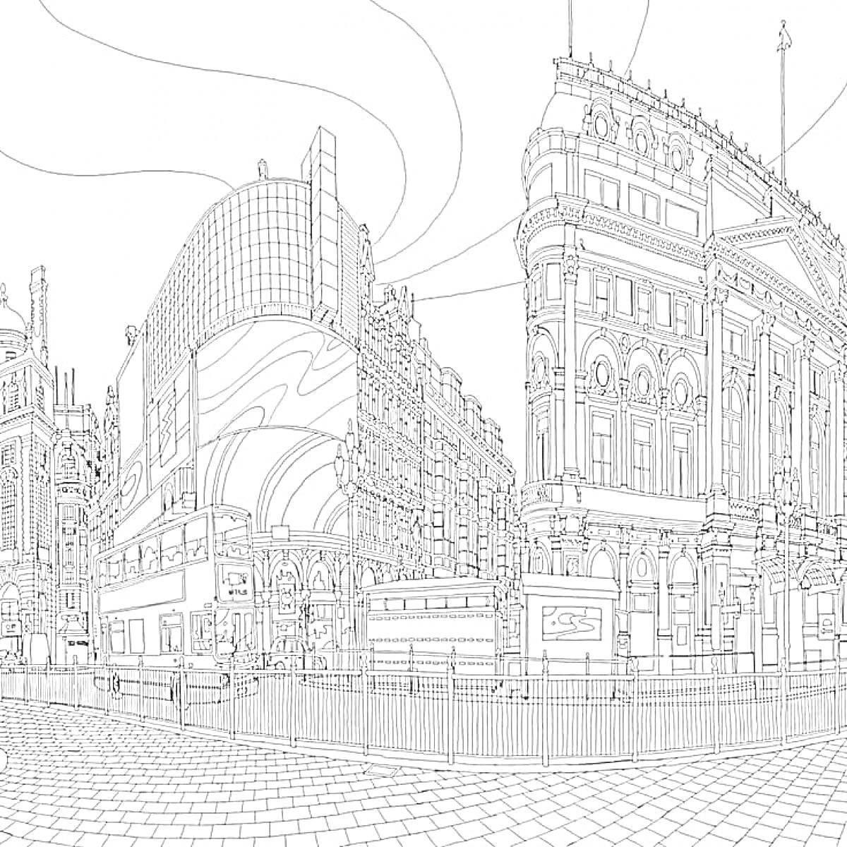 Раскраска Городской пейзаж с архитектурными зданиями и улицами