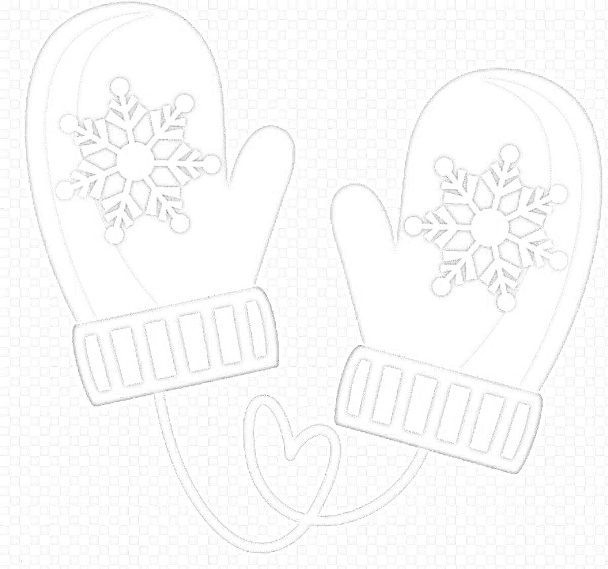 Раскраска Серые варежки с белыми снежинками и полосатыми манжетами, соединенные шнурком