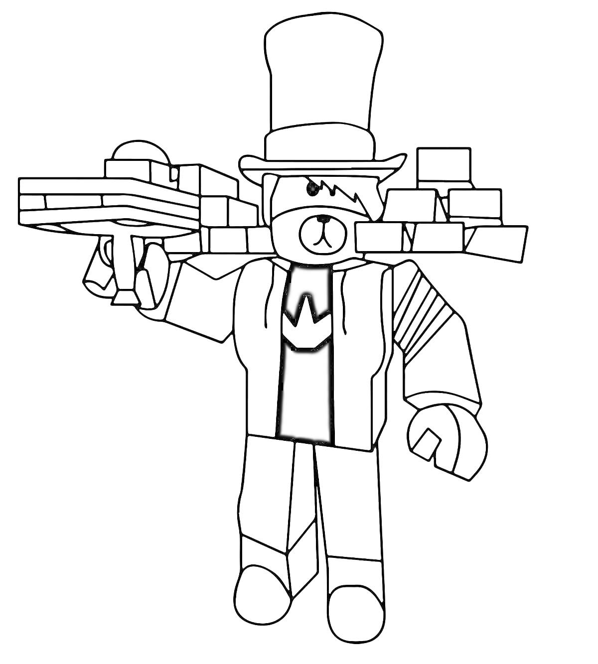 Раскраска Роблокс персонаж с цилиндром и с пушкой, состоящей из блоков