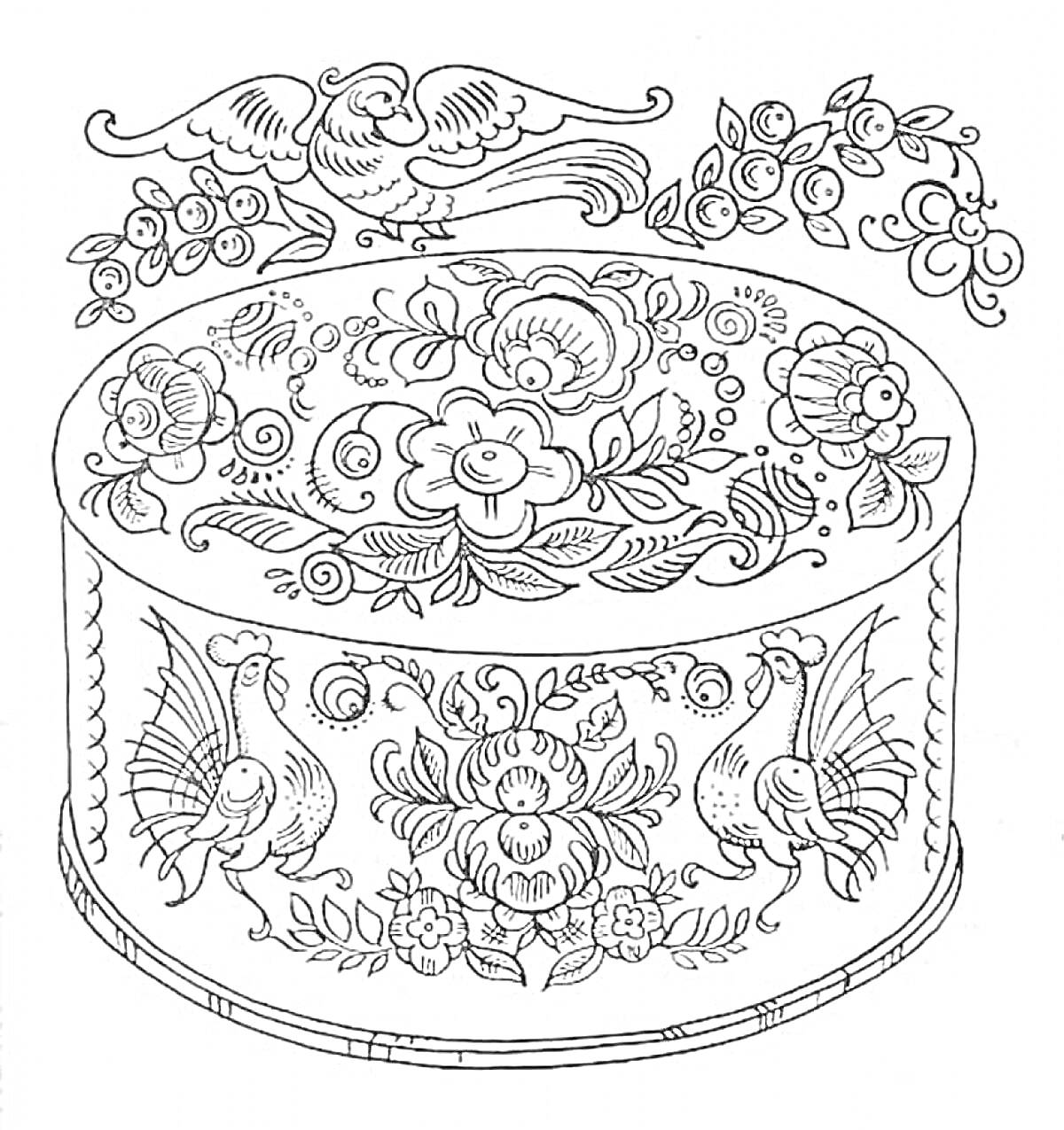 Раскраска Роспись шкатулки с цветами, птицами и виноградом