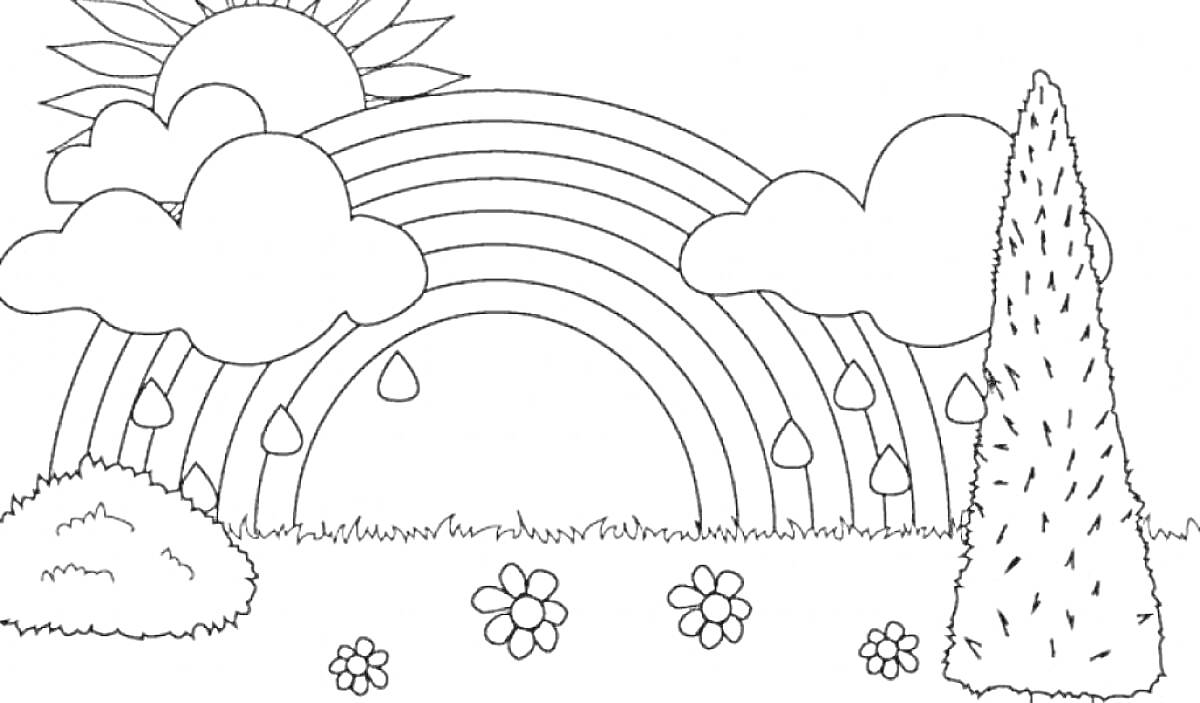 Раскраска радуга с деревом, кустом, цветами и облаками под солнцем