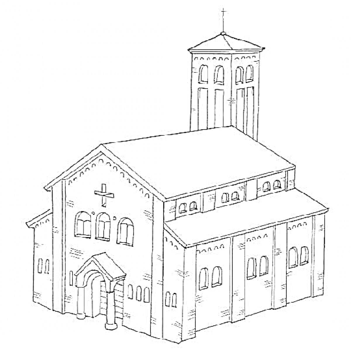 Раскраска Церковь с массивной башней и окнами, крестами на фронтоне и крыше, арочным входом