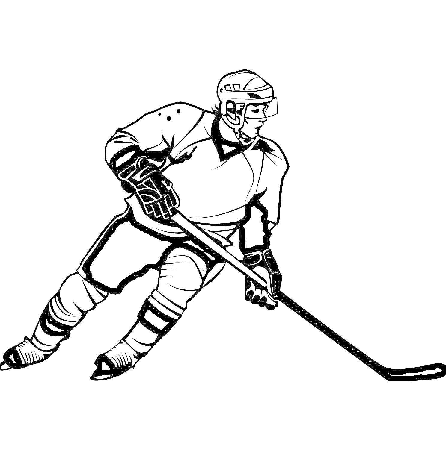 На раскраске изображено: Хоккеист, Клюшка, Лед, Спорт, Хоккей, Экипировка
