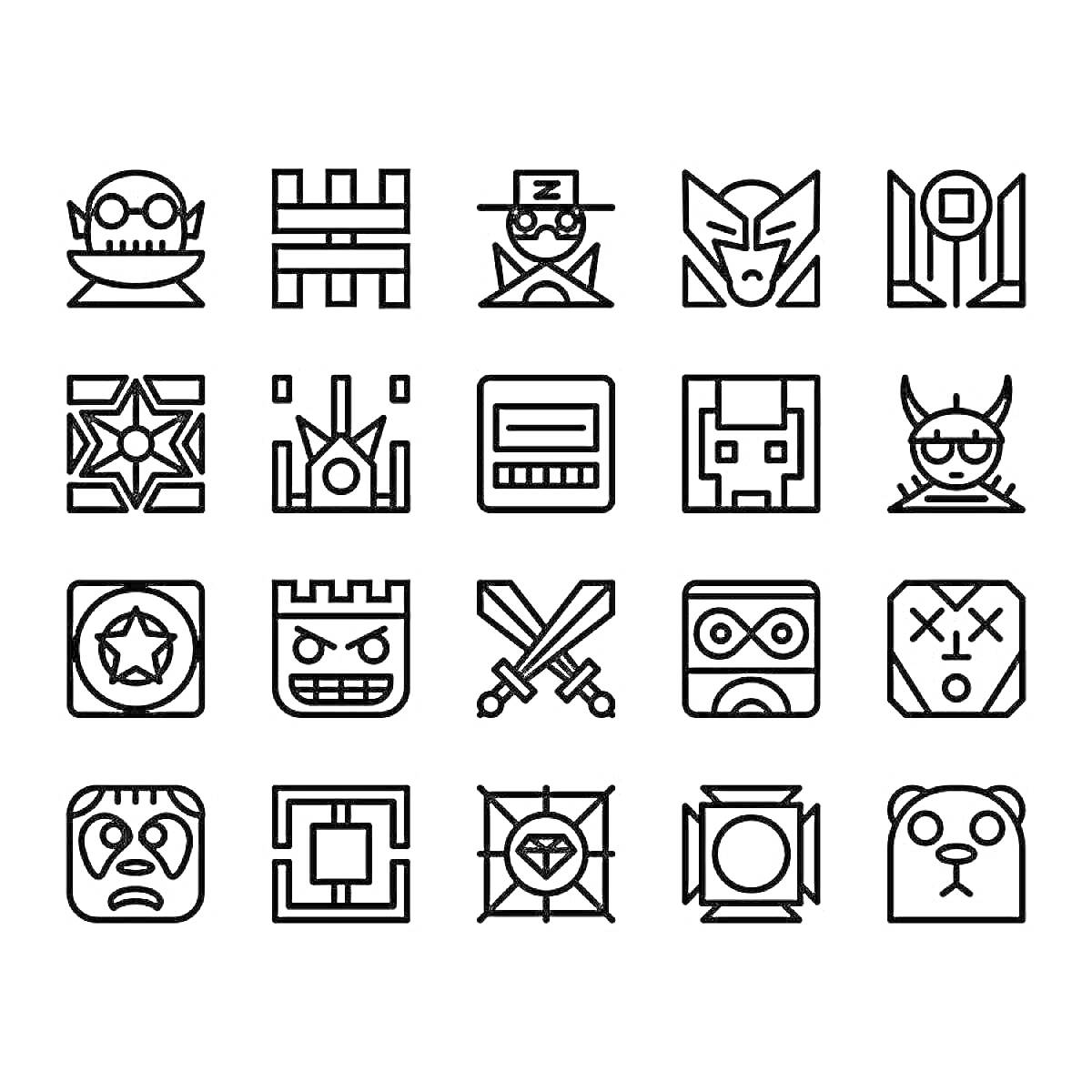 Раскраска Разнообразные аватары и символы из Geometry Dash: персонажи с головами в касках, масках, шлемах и очках, символы с мечами, звездами и различными геометрическими формами - все элементы черно-белые и стилизованы