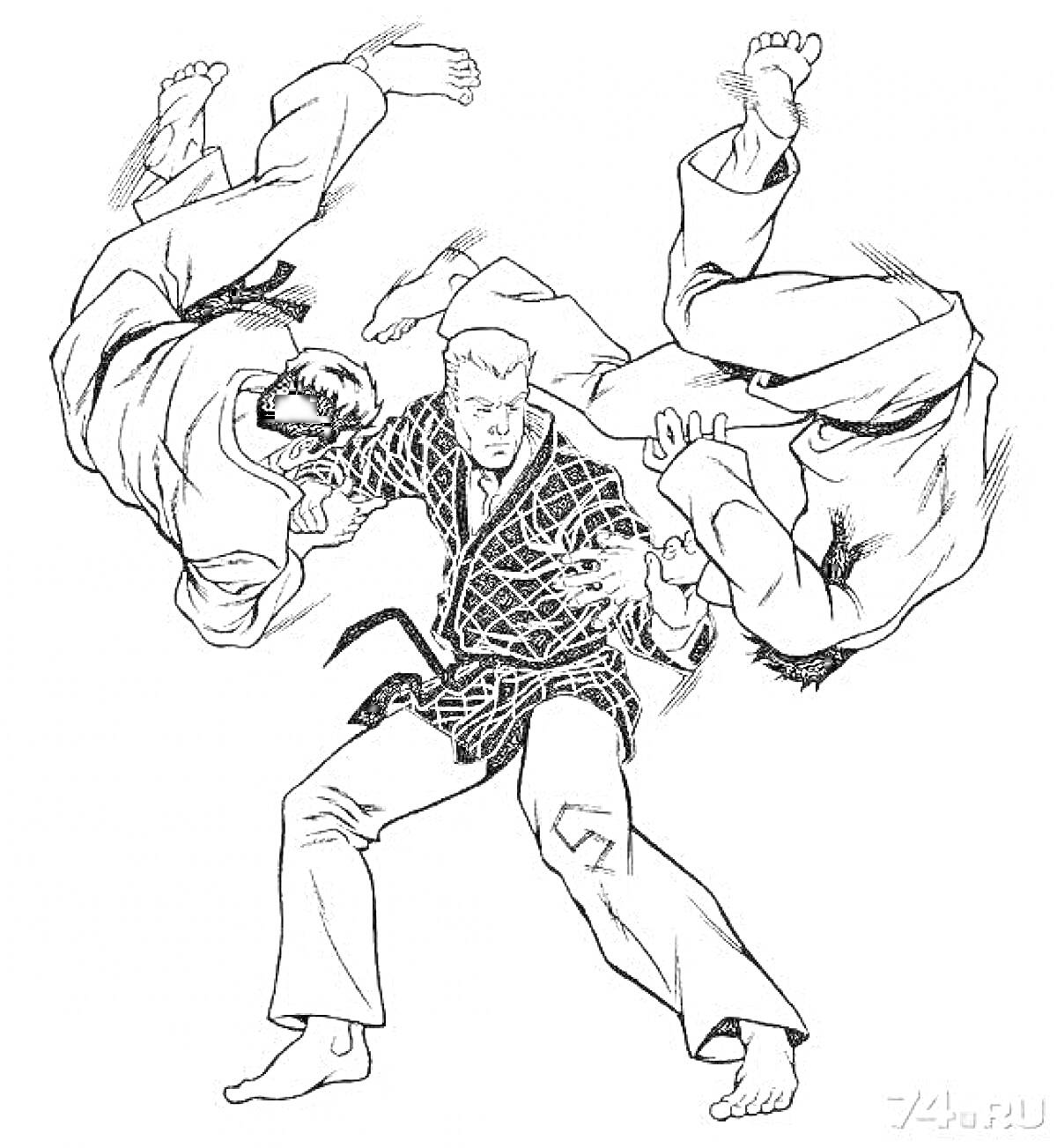 Раскраска Боец в кимоно против двух противников в воздухе