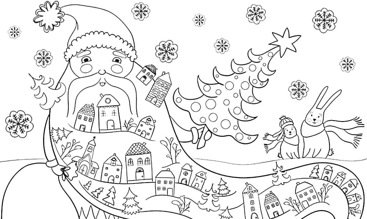 Раскраска Дед Мороз с елкой и новогодним городом на бороде, снеговик и заяц с шарфом, снежинки