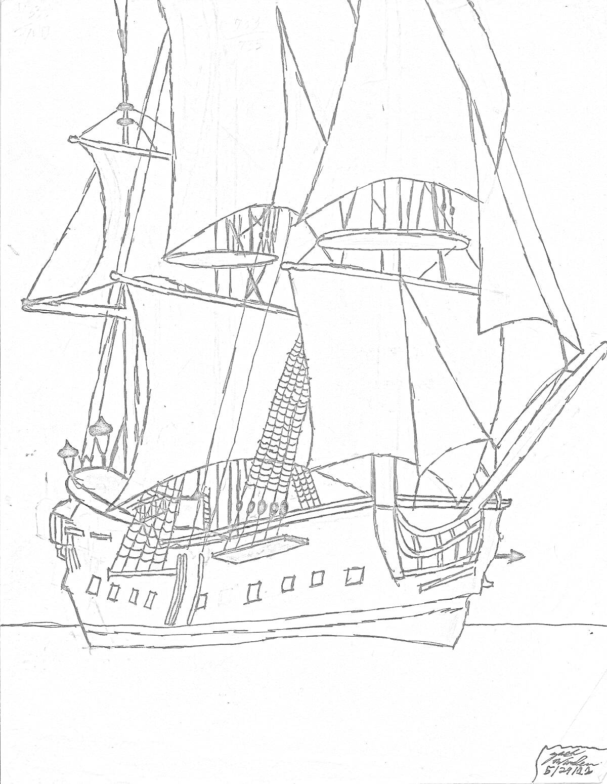 На раскраске изображено: Парусный корабль, Паруса, Корабль, Море, Пиратский корабль