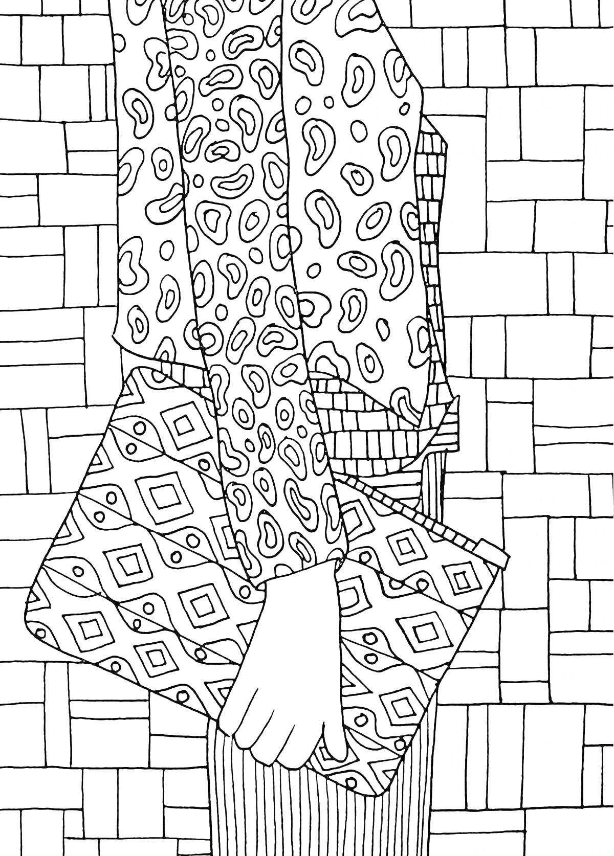 Раскраска Верх с узорами, сумка с геометрическим рисунком, полосатые брюки на фоне кирпичной стены