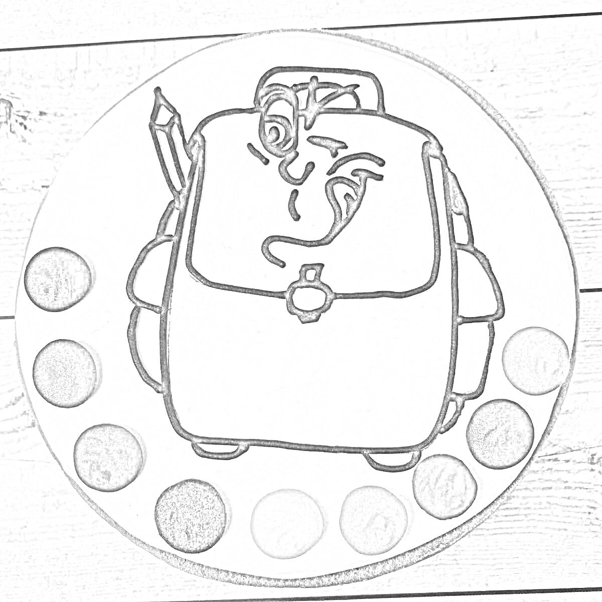 Пряник с изображением рюкзака, карандаша и цветных точек