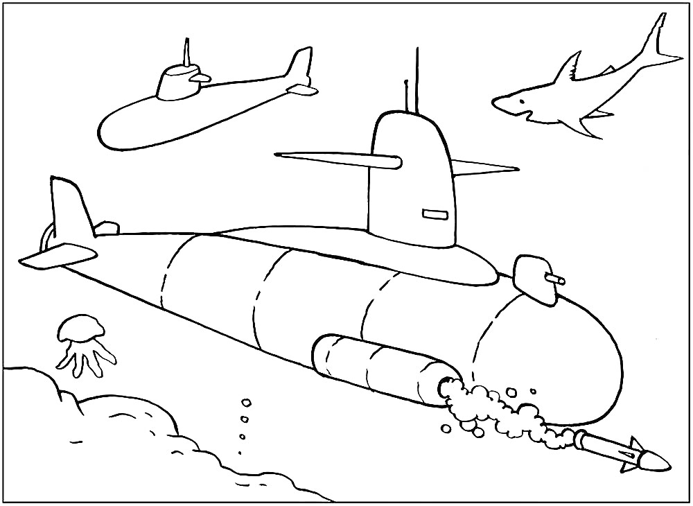 Раскраска Подводная лодка, ракета, маленькая подводная лодка, акула, медуза, морское дно