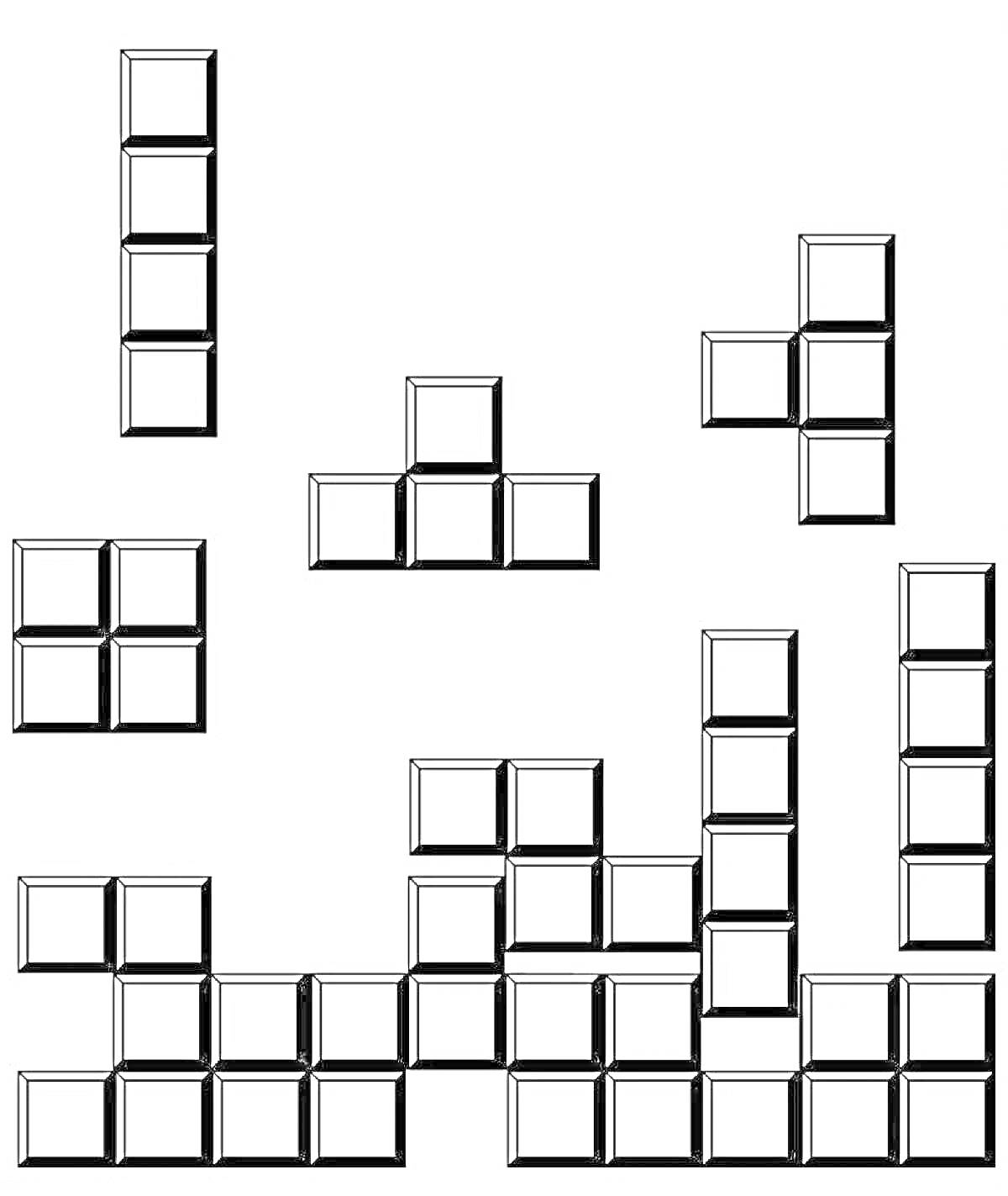 Раскраска - Тетрис с различными фигурами: палка, квадрат, L-образные и T-образные фигуры
